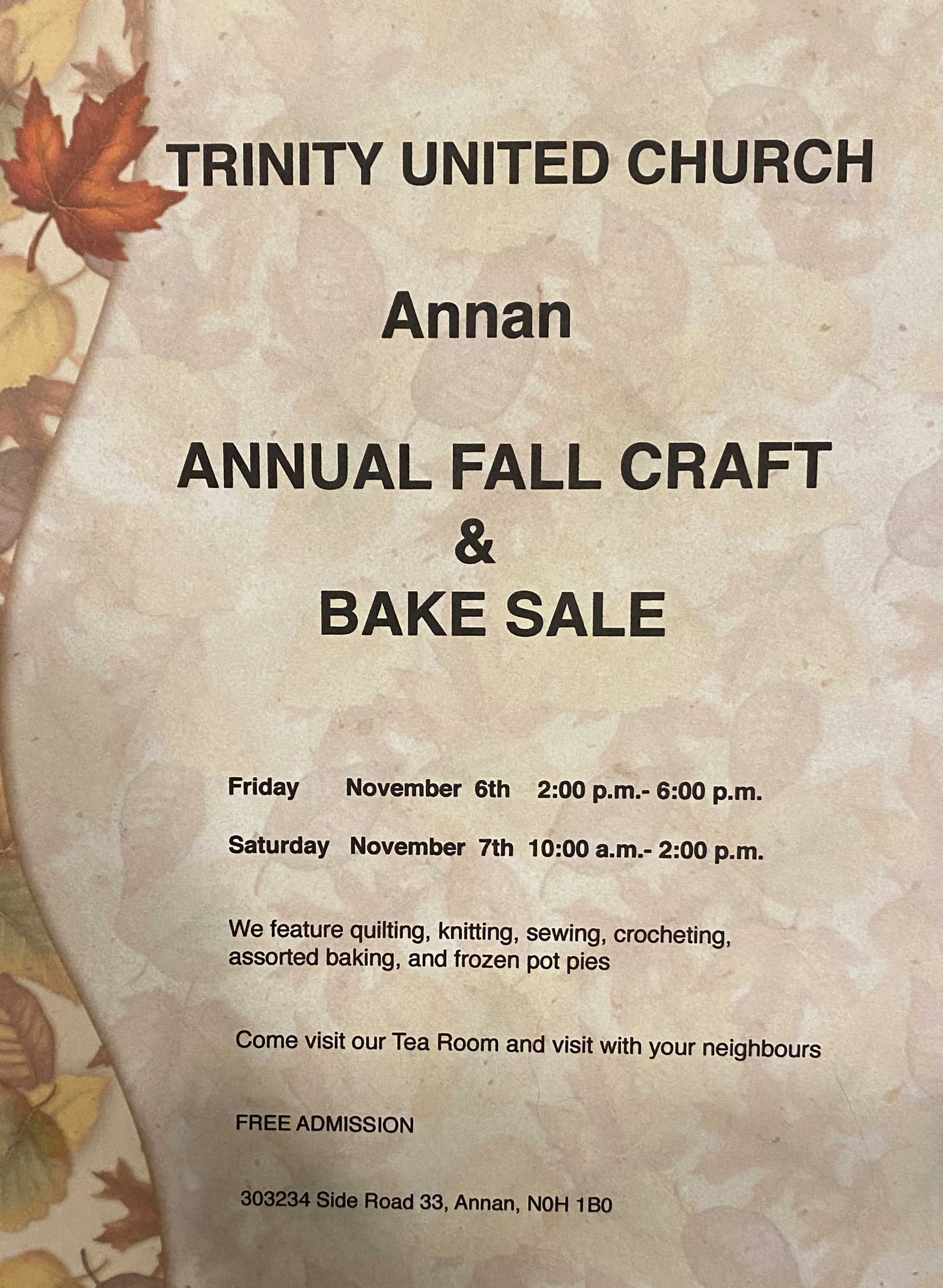 Event image Trinity Annan United Church Annual Fall Craft & Bake Sale
